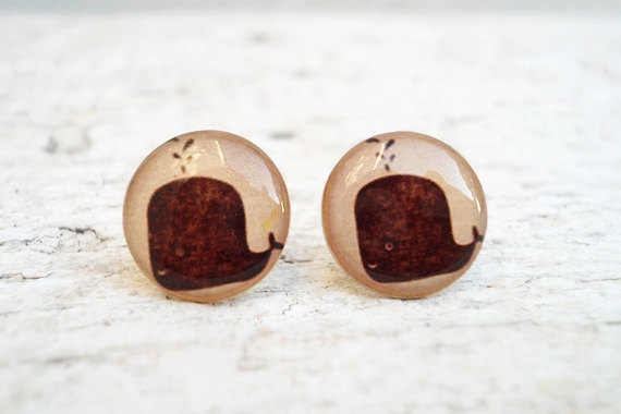 Whale Earrings Brown Beige, Small Studs Posts, Nautical Jewelry