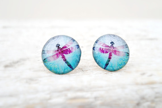 Dragonfly Earring Studs, Blue Purple, Spring Earrings, Medium Studs