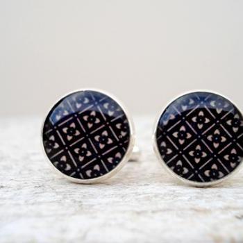 Silver Cuff Links with Classical Pattern in Black and Beige nude, gift for birthday